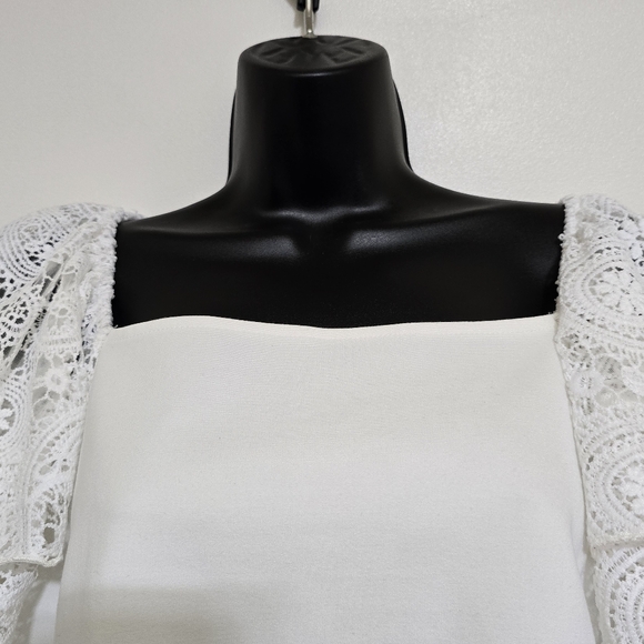 BOSTON PROPER Square Neck Crochet Ruffle Sleeve Stretch Blouse Large Off-White - Picture 7 of 16